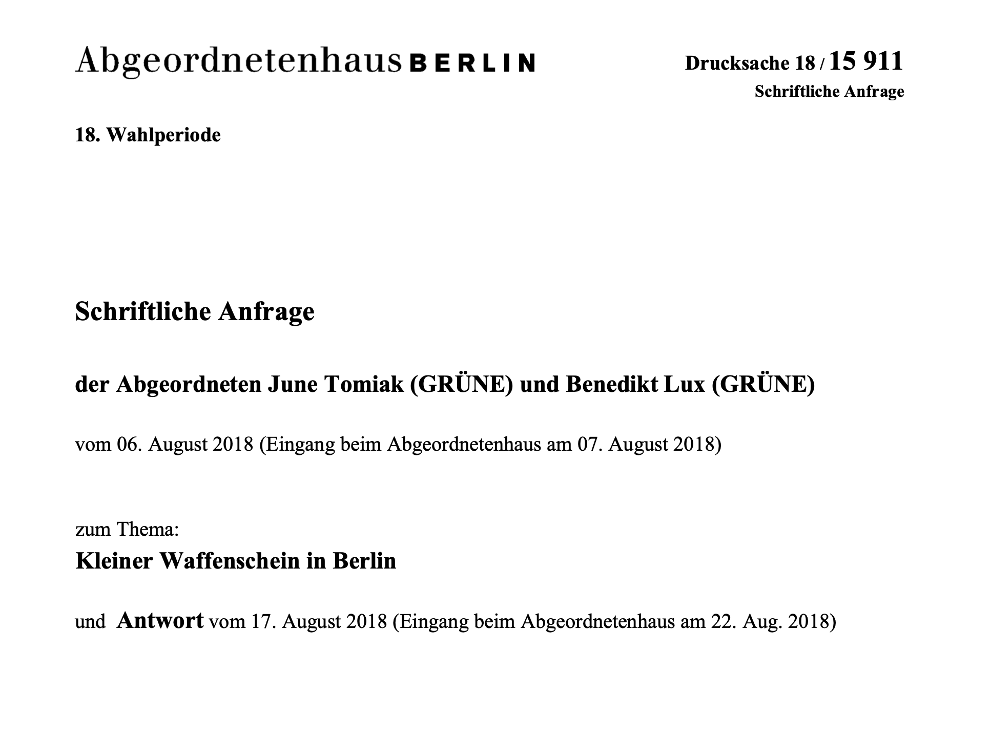 Anfrage: Kleiner Waffenschein in Berlin