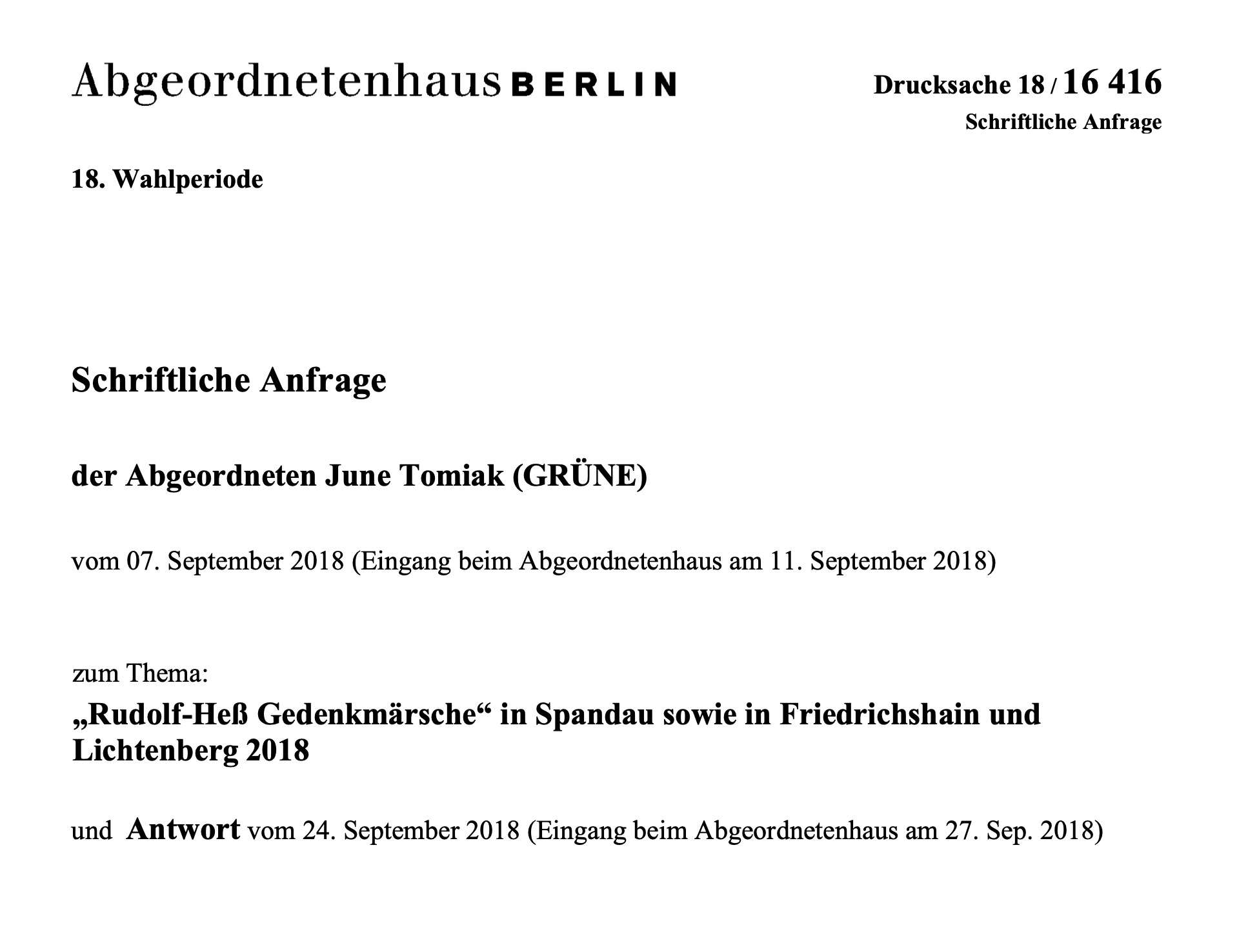 Anfrage: „Rudolf-Heß Gedenkmärsche“ in Spandau sowie in Friedrichshain und Lichtenberg 2018