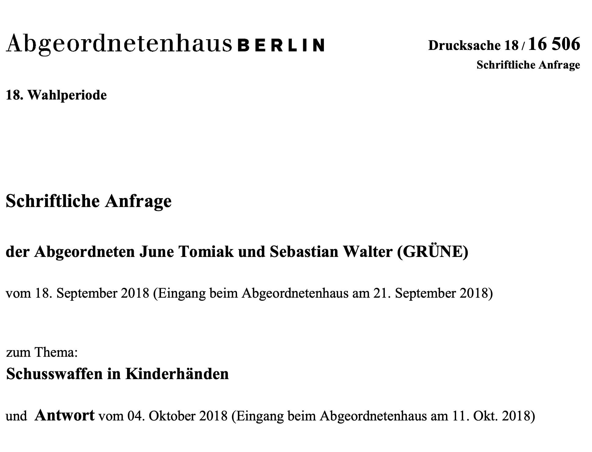 Anfrage: Schusswaffen in Kinderhänden