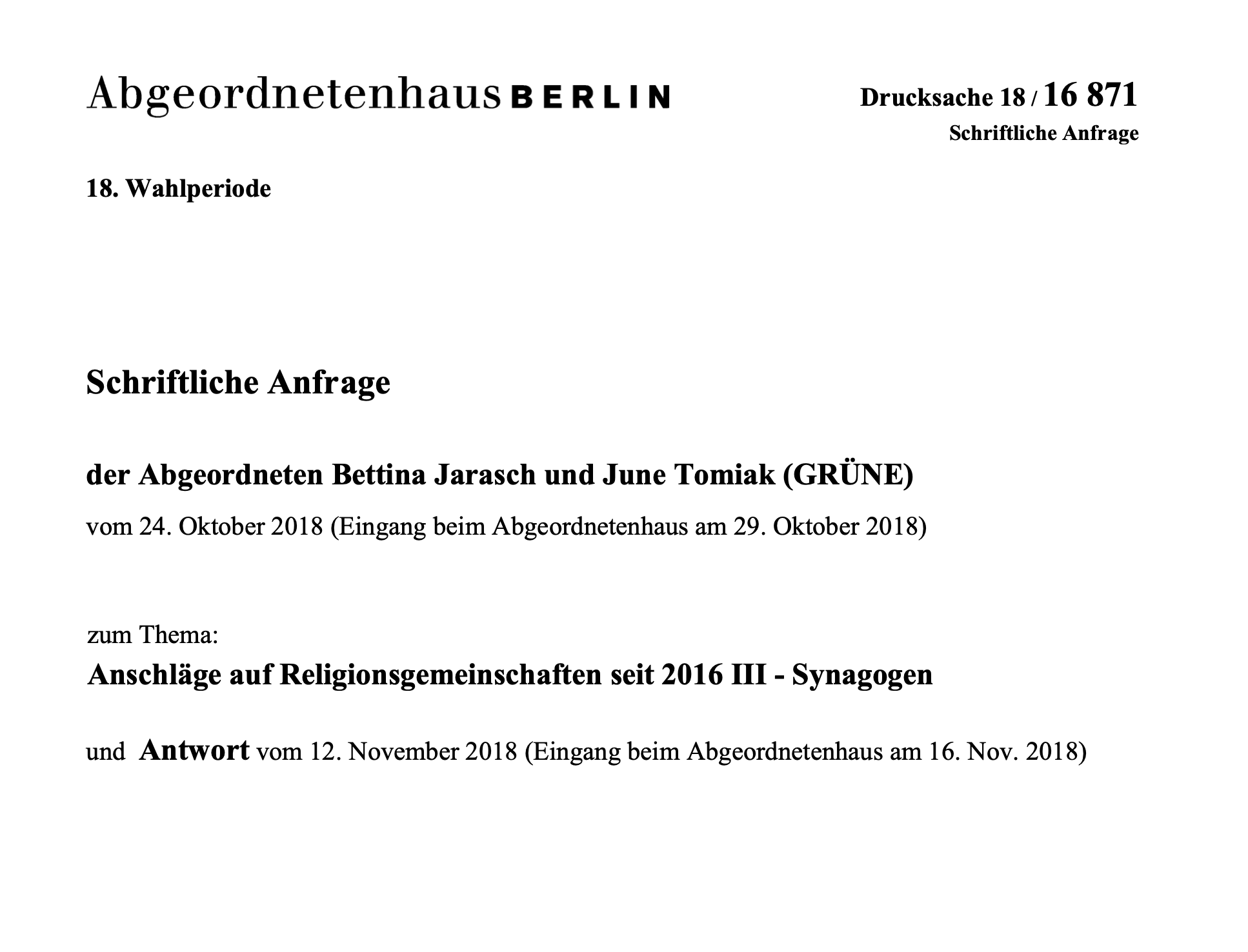 Anfrage: Anschläge auf Religionsgemeinschaften seit 2016 III – Synagogen