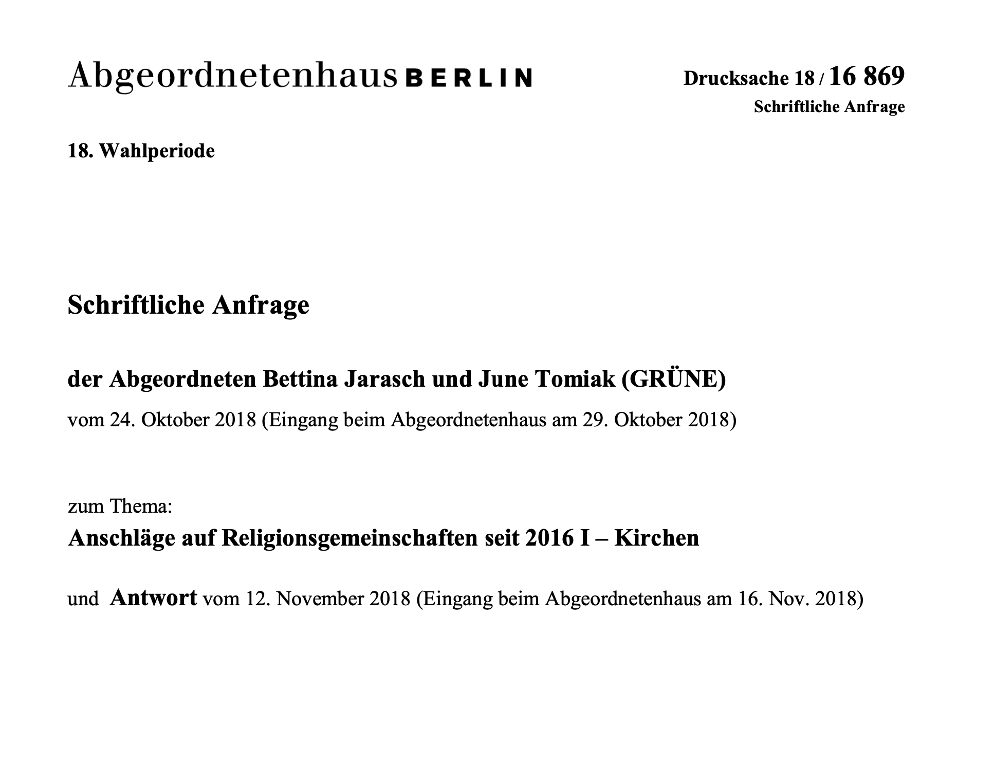 Anfrage: Anschläge auf Religionsgemeinschaften seit 2016 I – Kirchen