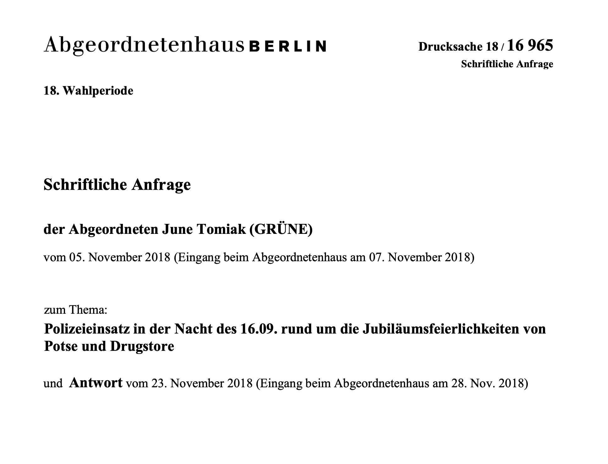 Anfrage: Polizeieinsatz in der Nacht des 16.09 rund um die Jubiläumsfeierlichkeiten von Postse und Drugstore